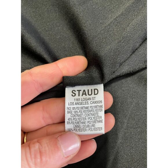 STAUD Paper Faux Leather Mini Skirt Women's 0 Black Front Pockets Snap Closure - Picture 13 of 13